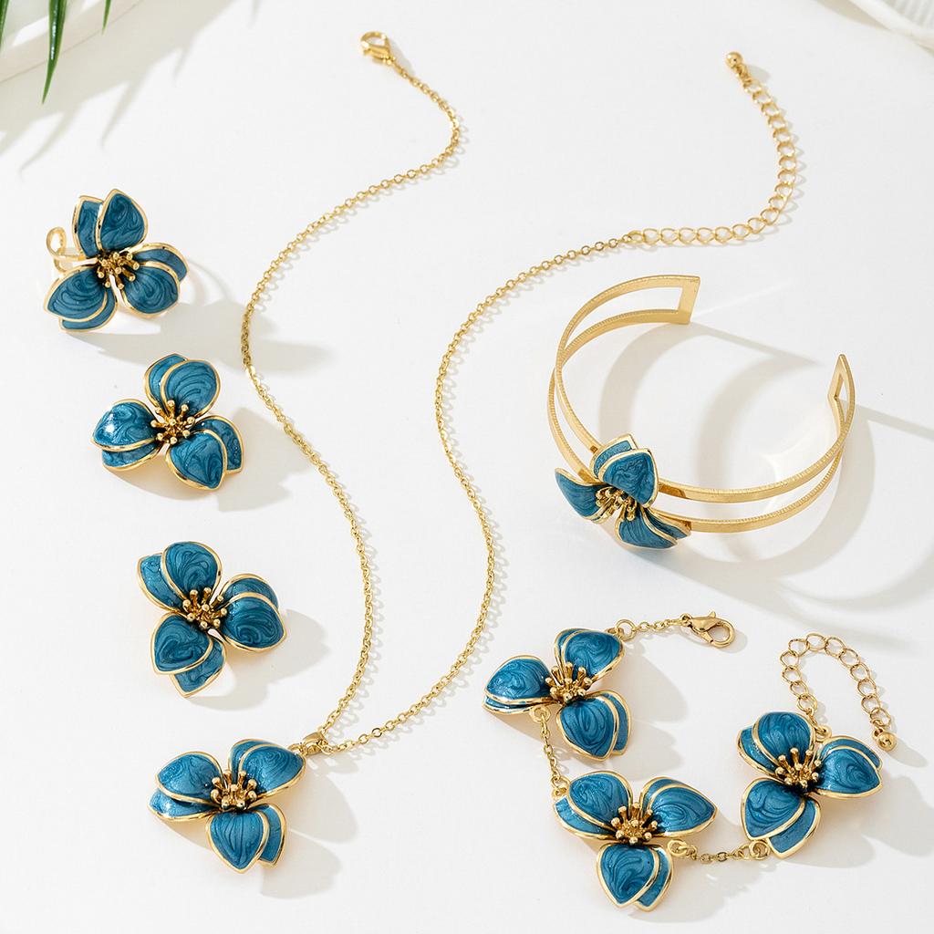 Simple Oil-Infused Flower Earrings And Necklace Set - Casual Jewelry Set For Women