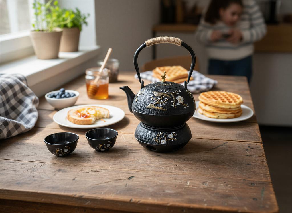 CAST IRON KETTLE 1L HERBAL TEA INFuser 2 CAST IRON CUPS + WARMER