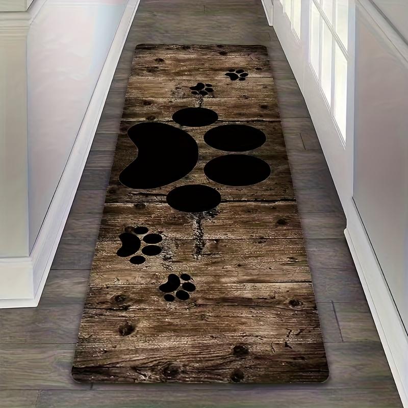 Rustic Wood Dog Paw Print Kitchen Runner Rug, Vintage Pet Paw Pattern Non-Slip Absorbent Floor Mat for Entryway Bathroom Hallway