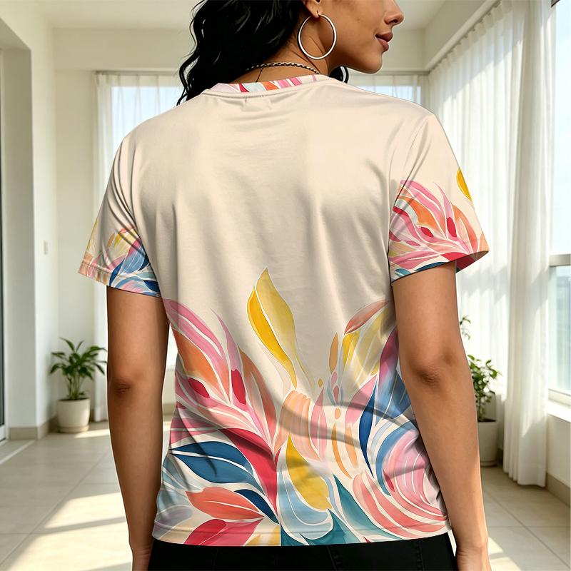 Women's Colorful Floral Series Short Sleeve T-Shirt, Basic Versatile Style, Soft Loose Fit, Perfect for Daily Casual & Shopping