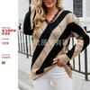 Womens Striped Color Block Lace V-Neck Sweater Casual Long Sleeve Pullover Knit Top Winter