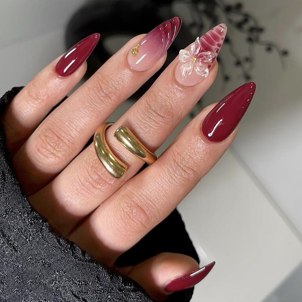 Bordowe Paznokcie Press On, Czerwone Paznokcie Press On z Francuskim Manicurem i Kwiatowym Wzorem 3D, Zestaw 24 Sztuk Sztucznych Paznokci z Klejem Żelowym, Manicure Jakości Salonowej