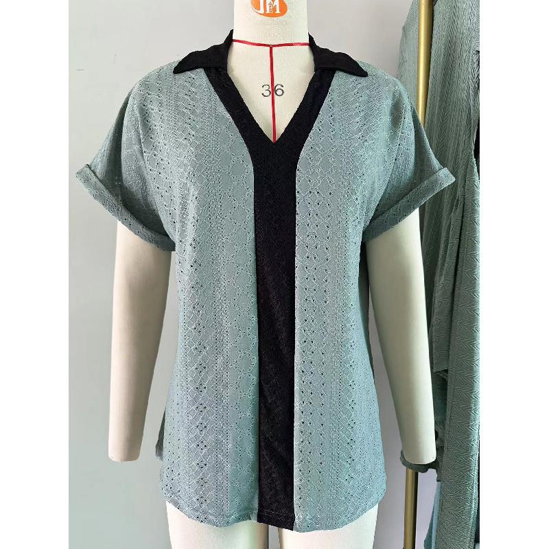 2026 Spring/Summer New V-neck Contrast Color Short Sleeve Loose T-shirt Women's Casual Top