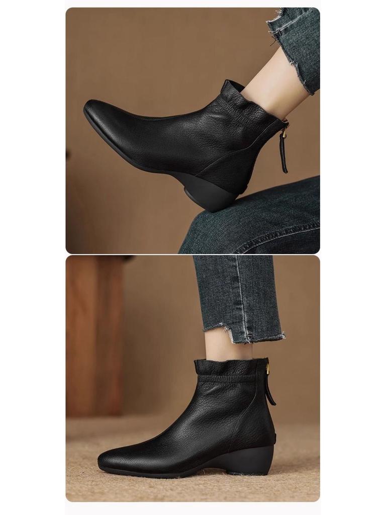 Damen Bequeme Retro Keilabsatz Stiefeletten - 2025 Herbst/Winter Mode, Vielseitige & Warme Plüsch Mama Schuhe