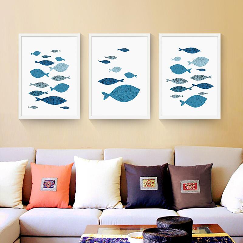 3 sätze Mediterranen stil dekorative malerei abstrct blau fisch zimmer moderne einfache malerei frische schlafzimmer wand poster