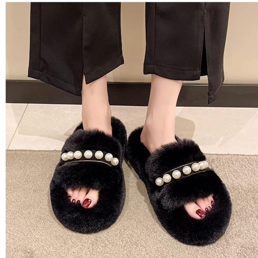 Pearl thick-soled fluffy slippers for women's outer wear 2025 autumn non-slip one-word indoor home fluffy cotton slippers