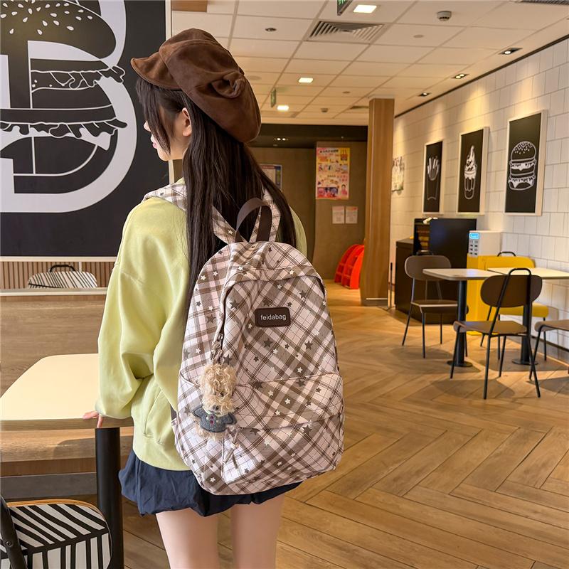 Schulrucksack für Studenten Damen Retro Karomuster Große Kapazität Reiserucksack