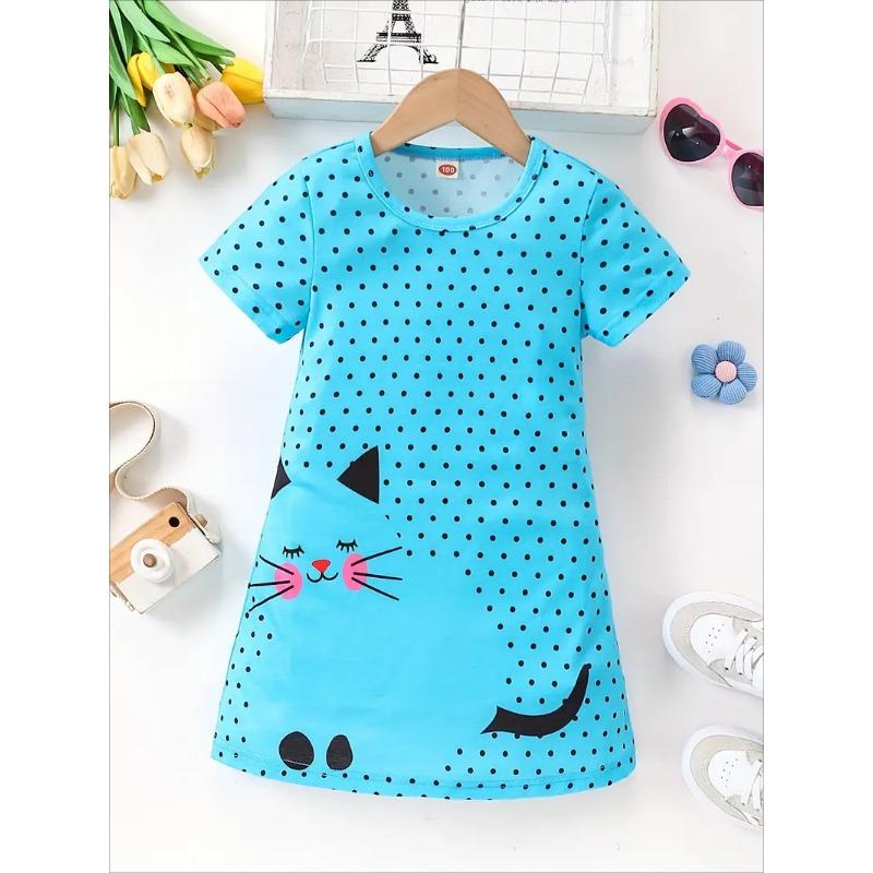Girls cute casual short sleeve full print polka dot and cat print dress for spring and 110