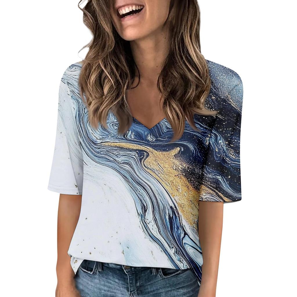 Women's V Neck T Shirts Half Sleeve Tops Printed Casual Summer Tees T Shirt Blouse