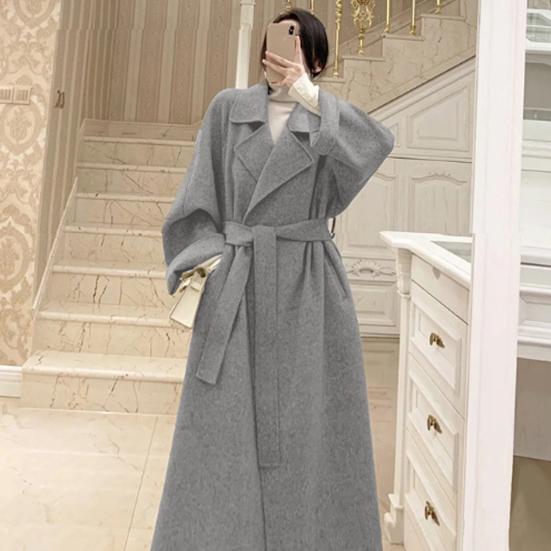 Women Winter Overcoat with Belt Turn-down Collar Pockets Pure Color Cardigan Mid Length Coat Thermal Long Sleeves Commuting Dating Winter Coat