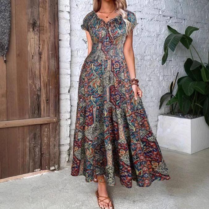 Women s Bohemian Print Sleeveless V-Neck High Waisted Long Floral Dress Clothes Sale XL синий