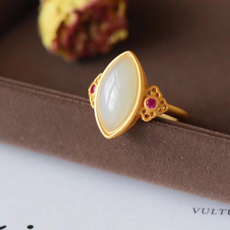 Adjustable Open Ring Women Men Vintage Style Copper With Faux Jade Inlay Geometric Cut Design