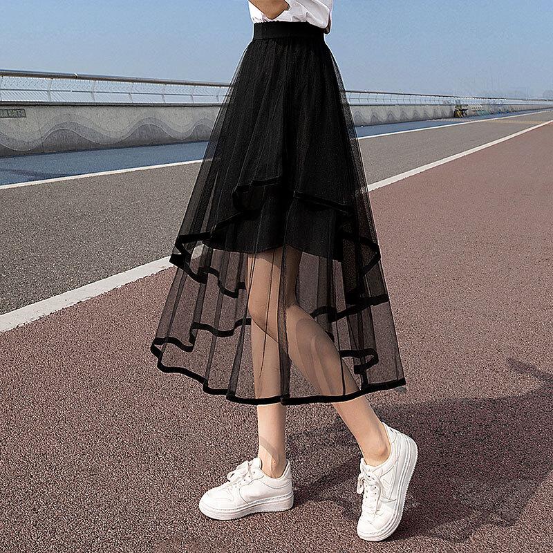 Women's Elegant Elastic Waist Mesh Midi Skirt