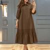 Women Casual Turn Down Collar Solid Color 3/4 Sleeve Loose Dress
