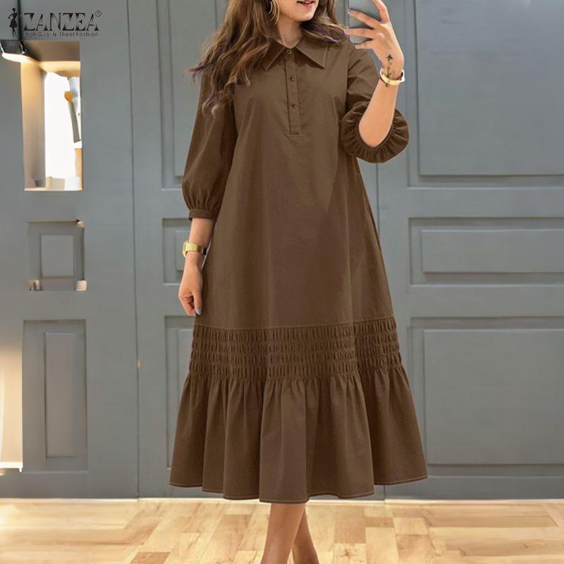 ZANZEA Women Casual Turn Down Collar Solid Color 3/4 Sleeve Loose Dress