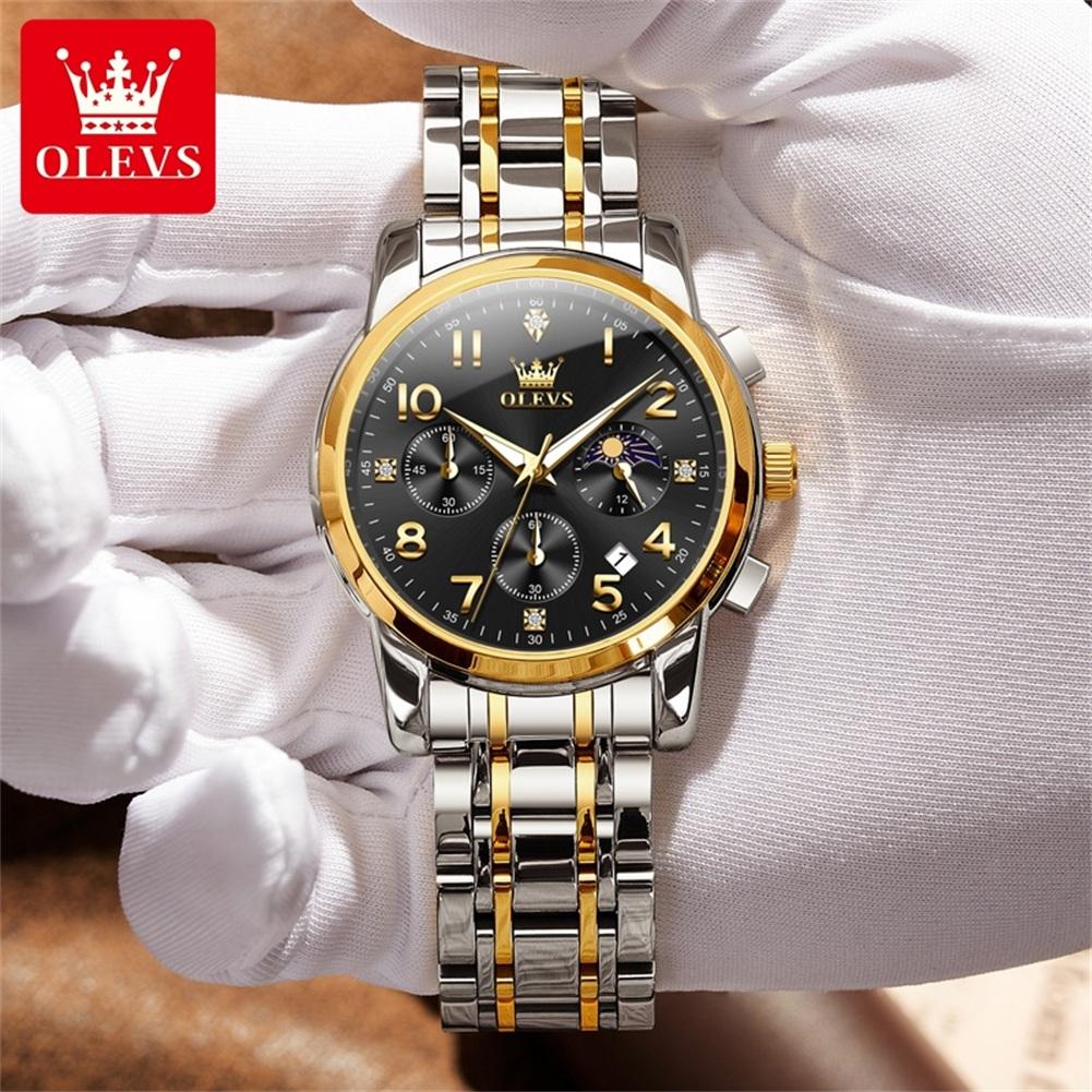 Multifunktions-Quarzuhr für Herren Edelstahl Wasserdicht Leuchtend Chronograph Mondphase Herrenuhr Neu