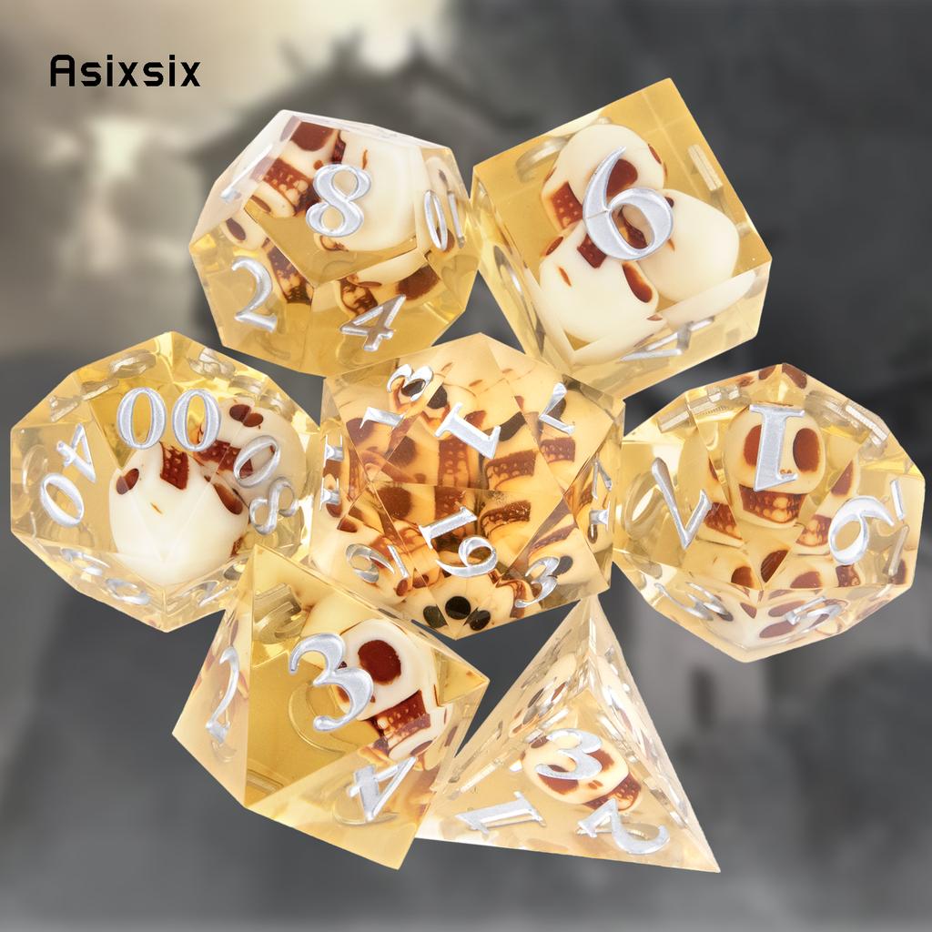 7 Pcs Yellow Skull Resin White Number Sharp Edge Dice Polyhedral Dice Suitable For Role-Playing Dice PropBoard Game Gift