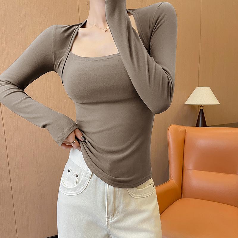 

Белая приталенная футболка с квадратным вырезом для женского весенне-осеннего сезона, с длинными рукавами, сексуальные короткие леггинсы XL кофейный