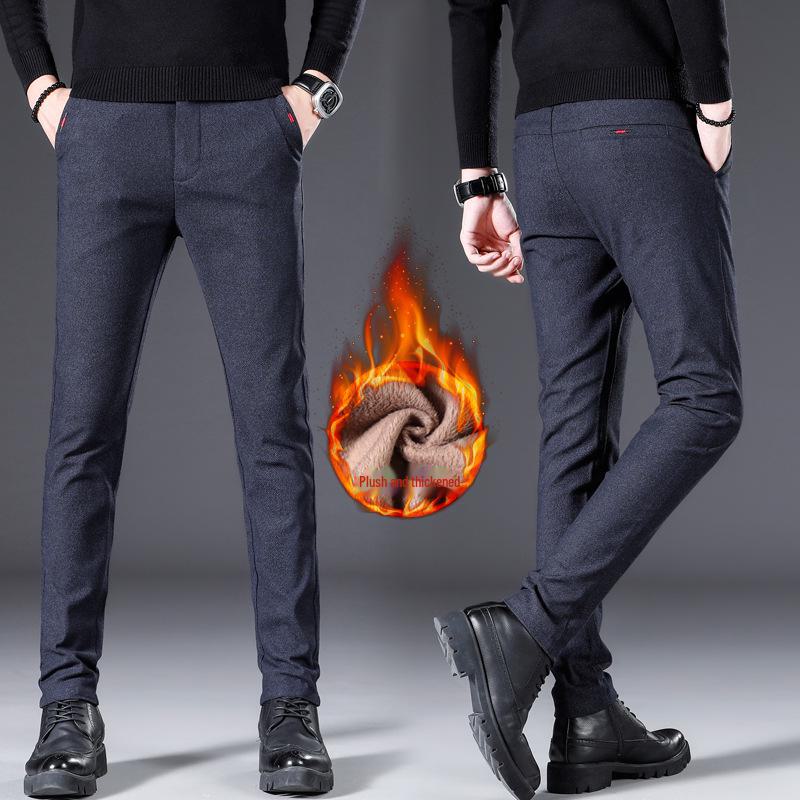 Pánské zimní silné teplé strečové ležérní kalhoty - plyšové, rovné, volného střihu, módní kalhoty