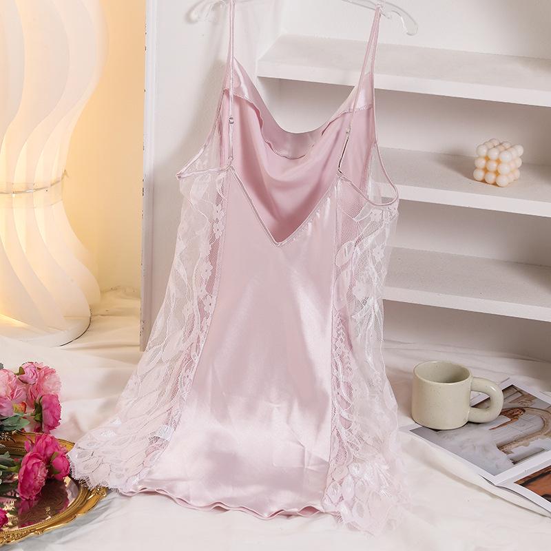 

Женская европейская и американская ночная сорочка-комбинация из шелка с V-образным вырезом и открытой спиной - Повседневная, дышащая одежда для сна Medium розовый