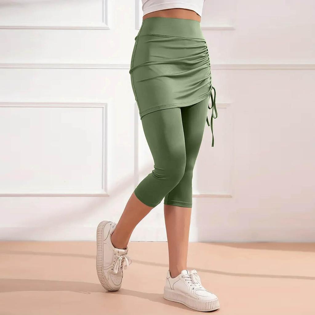 Damskie legginsy treningowe ze spódniczką ze sznurkiem, casualowe letnie z wysokim stanem, miękkie, sportowe spodnie do jogi