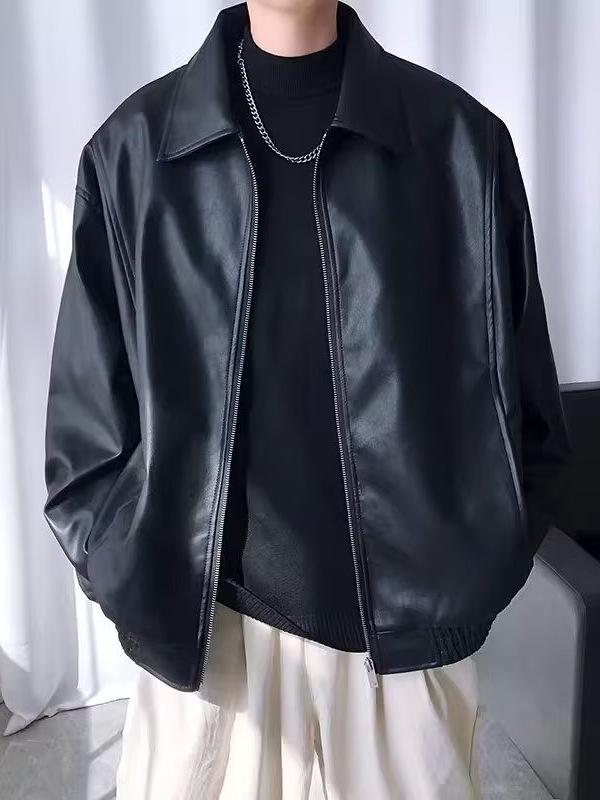 Men's Trendy PU Leather Motorcycle Jacket - Autumn/Winter Casual Korean Style with Lapel and Long Sleeves