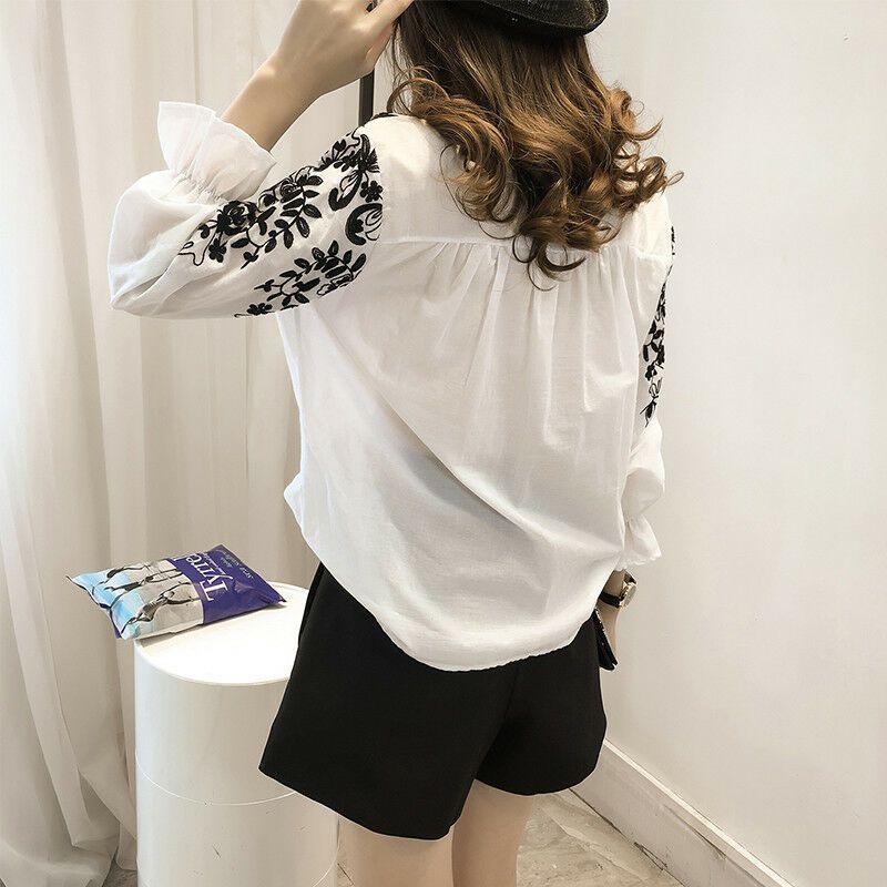 Female Long Women Sleeve Embroidery Blouse Shirt Korean Flower Tops Shirt Fresh