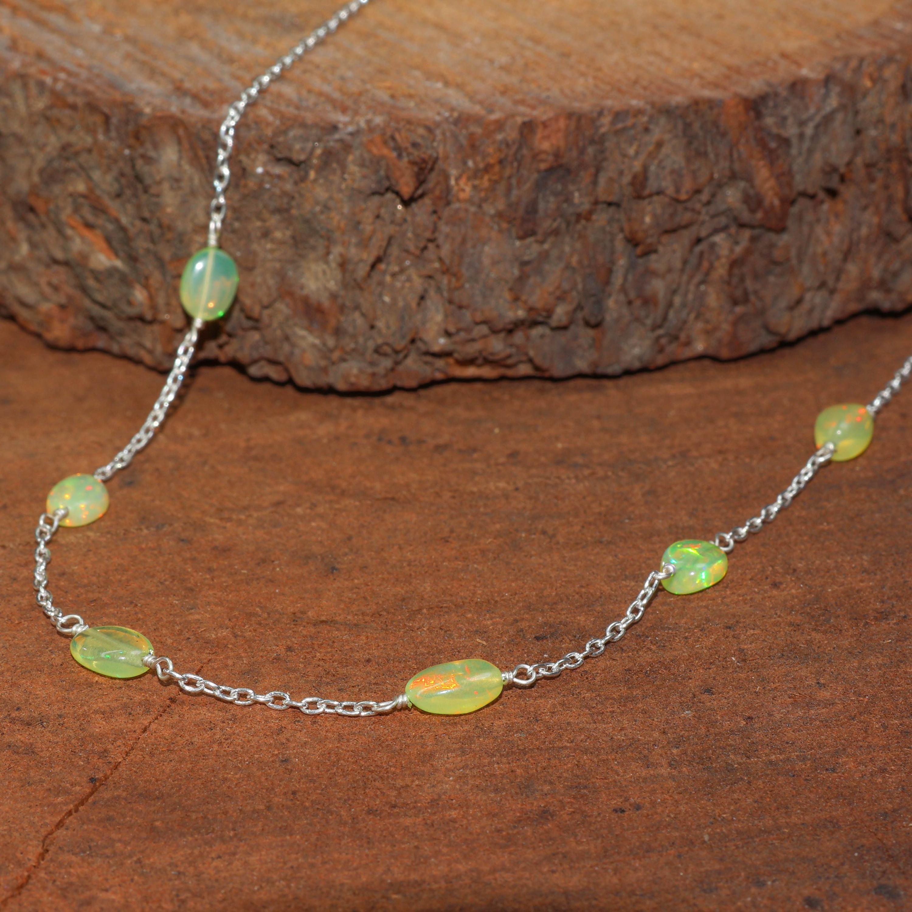 

Fire Yellow Opal Tumble Bead Necklace: Sterling Silver, Delicate Gemstone 16 Inch