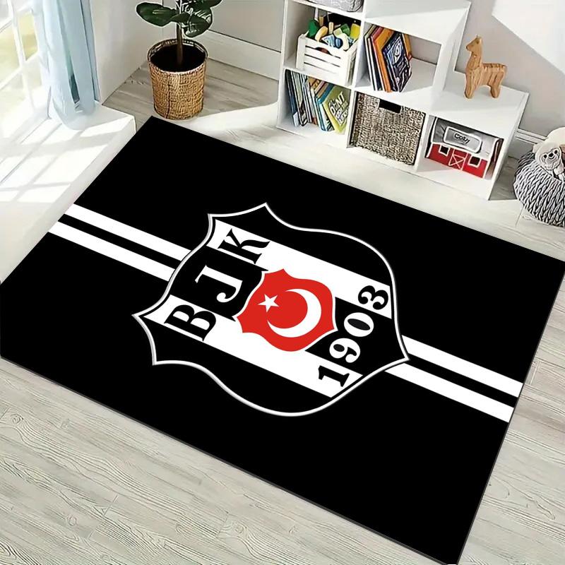 Black White Stripe Football Club Emblem Print Non-Slip Rug, Sports Fan Decor Carpet for Bedroom Living Room