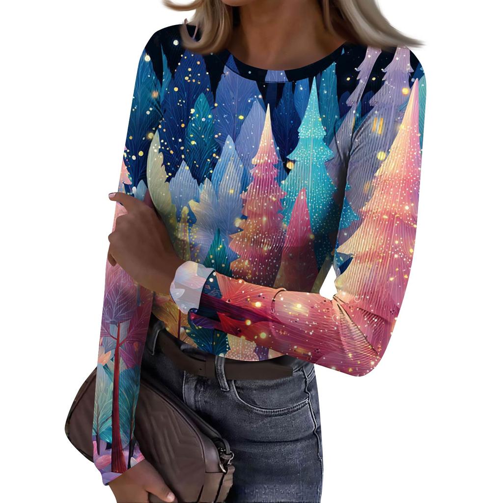 Women's  Slim Bottom T-shirt Fashion Casual Gradient Printing Round Neck Pullover Long Sleeve Top