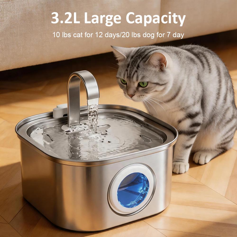 Factory 3.2L Quiet Operation Stainless Steel Pet Water Fountain Auto Cat Water Dispenser for Cats Kittens Puppies Indoor