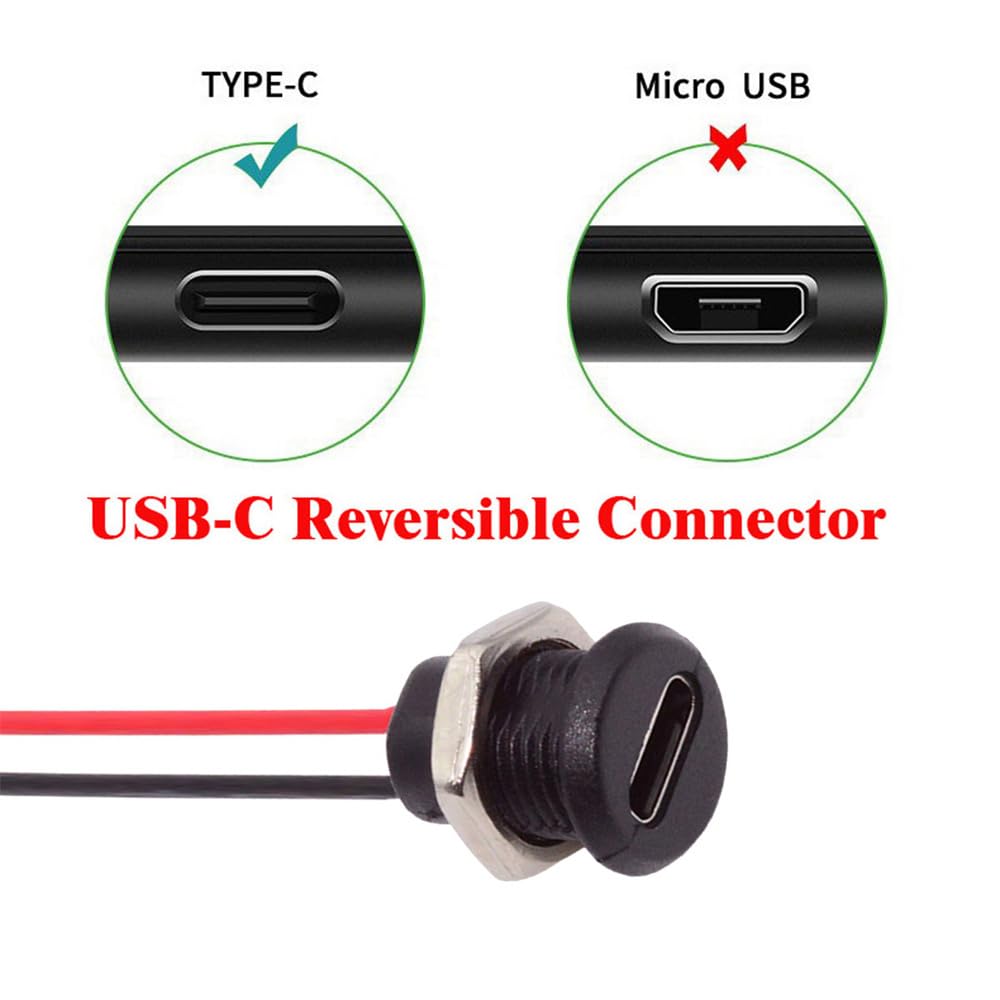 Cablecc Reversible Female DIY OEM Socket Cable Pitch Panel Mount DC 5V Power 5pcs/Set Type-C - 2-Pin Header, = 2.0mm, Type,