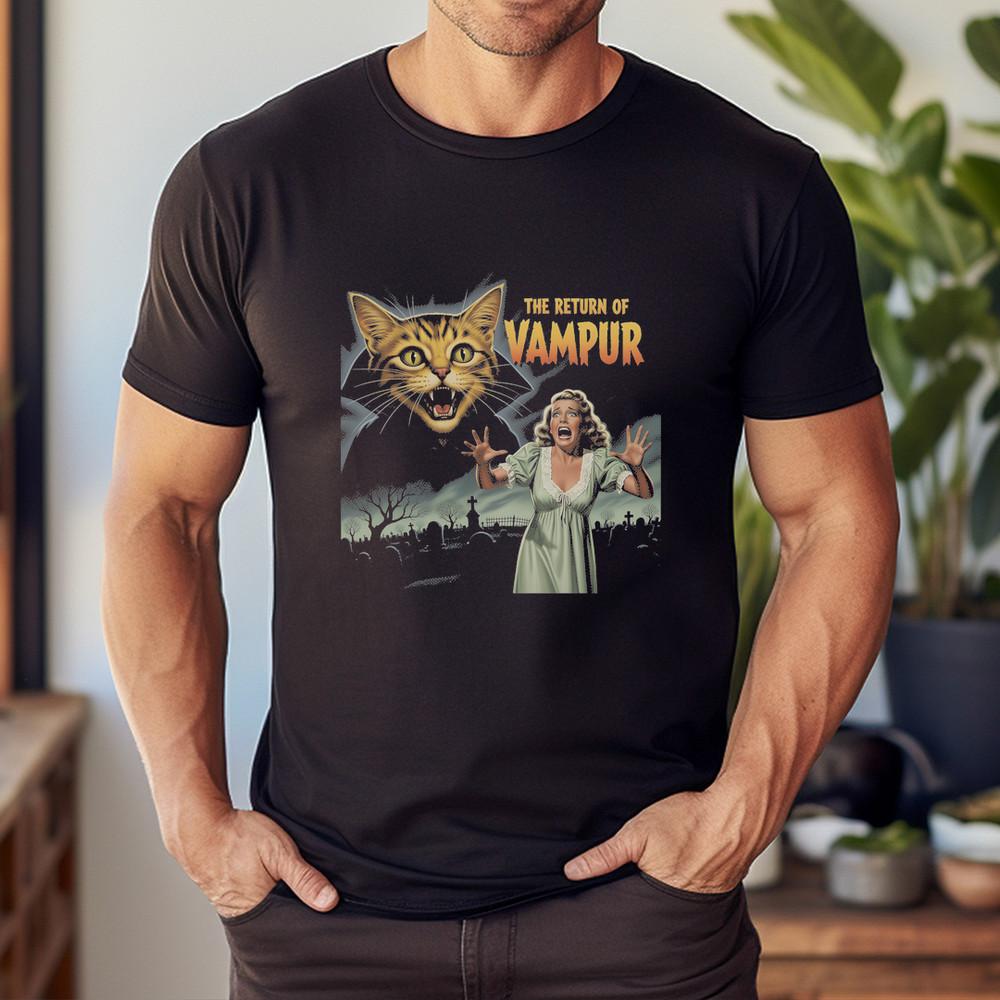 Возвращение Вампура - Винтажный Хоррор Постер с Котом-Вампиром Футболка Унисекс XXXXL