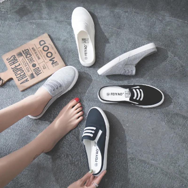 Women's Shoes 2025 New In Half Canvas Slippers Korean Men's Breathable Summer White Casual Sandals Board Zapatillas De Mujer