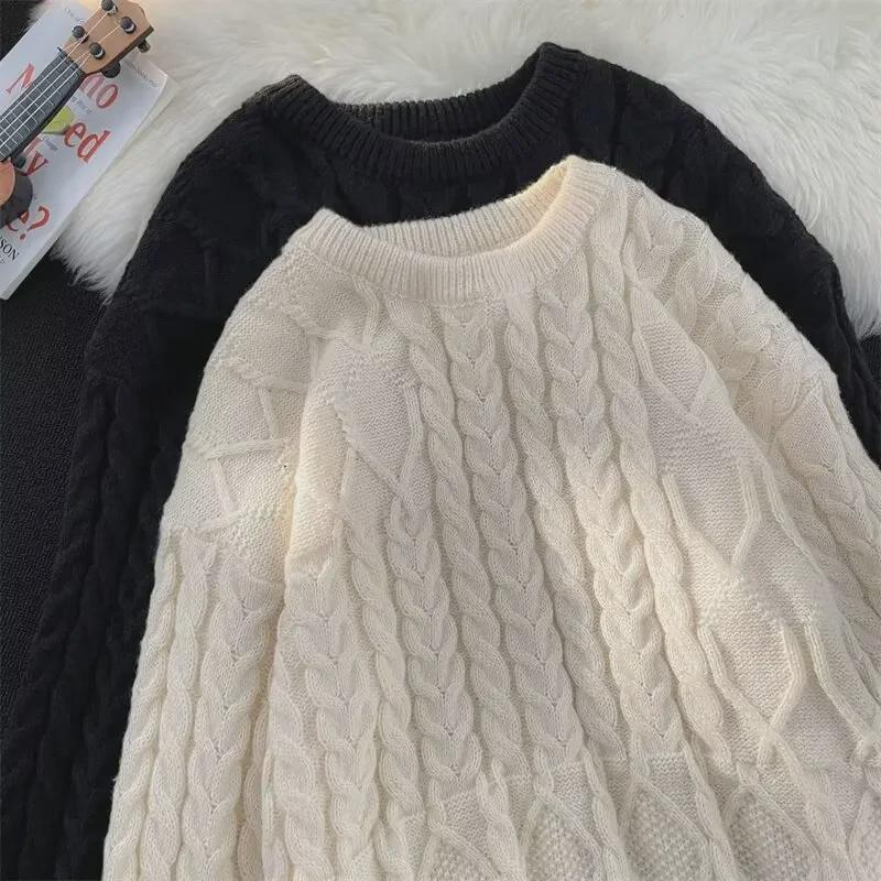 Men's White Cable Knit Sweater, Thick Loose Fit, Round Neck, Autumn/Winter, American Fashion Brand
