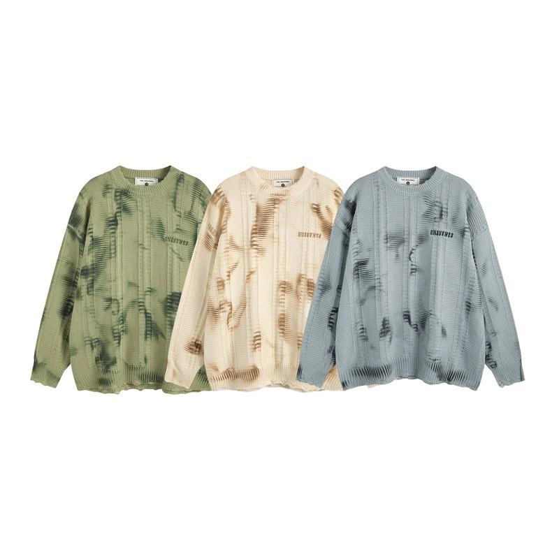 Oversized Cropped Knit Sweater With Distressed Hem Tie-Dye Unisex Streetwear