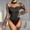 Netz-Blasen-Perspektive Hohl-Langarm Mode Damenbekleidung Figurbetont Sexy Bestickter Einteiler Körperformend