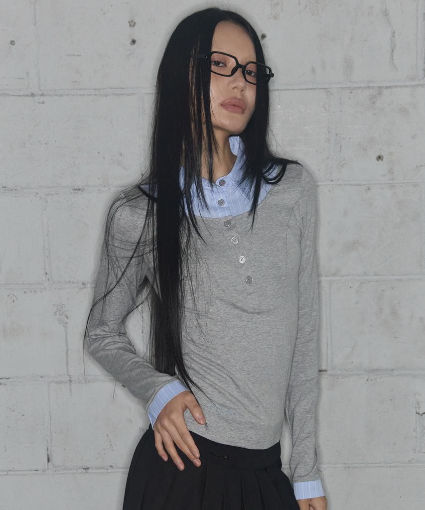 FANCY CLUB Layered Long Sleeve Shirt (Gray) F25Zb023