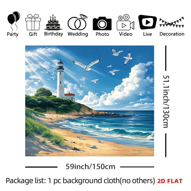 1pc, 2D flat, banner with design of lighthouse, beach, and seagulls, suitable for living room, meditation, and party decorations