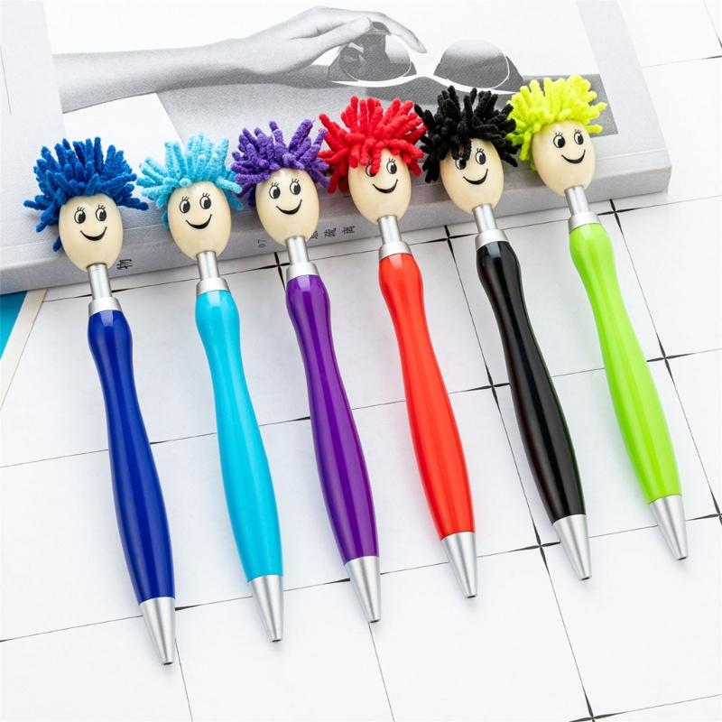6pcs 1.0mm Mop Head Pen Retractable Ballpoint Pen with Plush Hair Smooth Writing Pen School Office Supplies for Teacher
