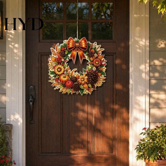 Party Decoration Accessory Fall Pumpkin Sunflower Wreath Hanging Decor, Acrylic Hand Painted High-Quality Material Window Ornament,