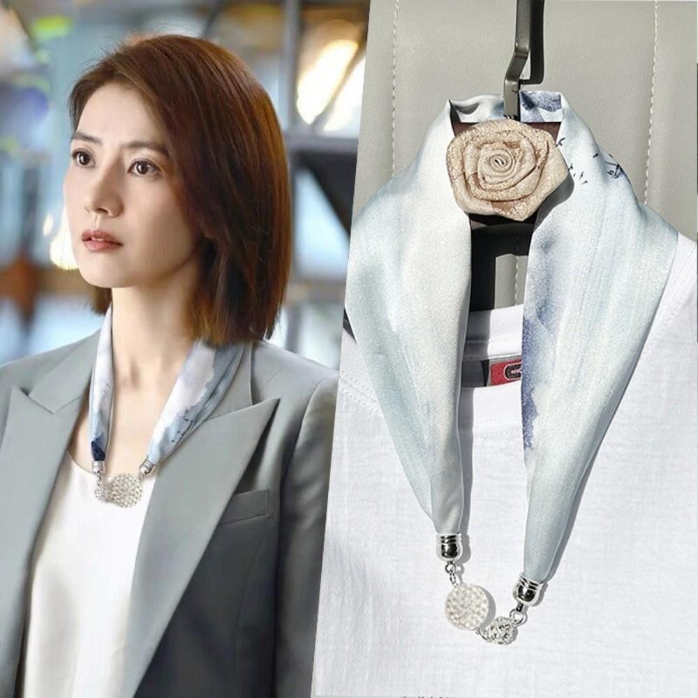 Pearl Diamond Silk Scarf Korean Retro Women's Scarf Chain Magnetic Buckle Scarf  Effortless Styling