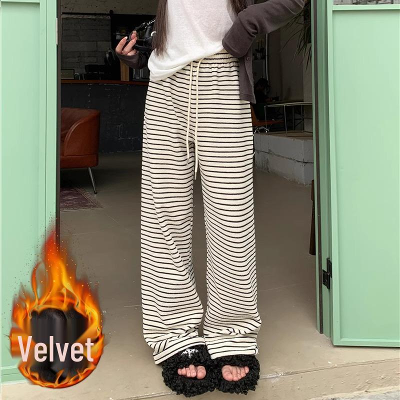 Petite Fleece-Lined Black & White Striped High-Waist Wide-Leg Pants for Women - Autumn/Winter