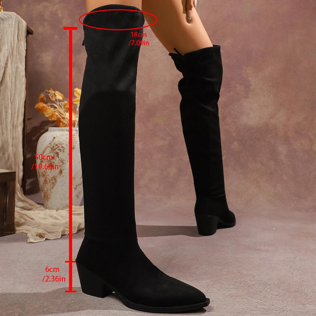 Large Size Autumn and Winter Tall Women's Solid Color Pointed Thick Heel High Heel Over Knee Boots