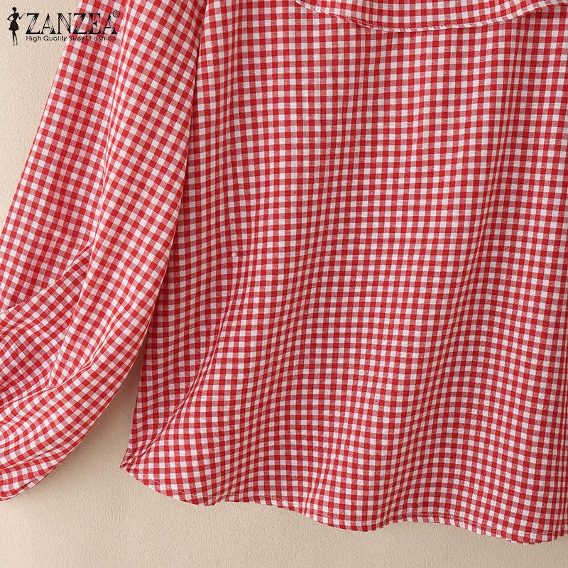 ZANZEA Blusa Casual para Mujer con Volantes, Cuello Redondo, Manga Larga Holgada, Estampado de Cuadros