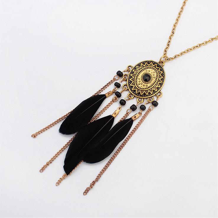 Wind Bohemian Painted Glazed Feather Fringed Earrings Fashion Temperament Women's Earrings Long Necklace Accessories