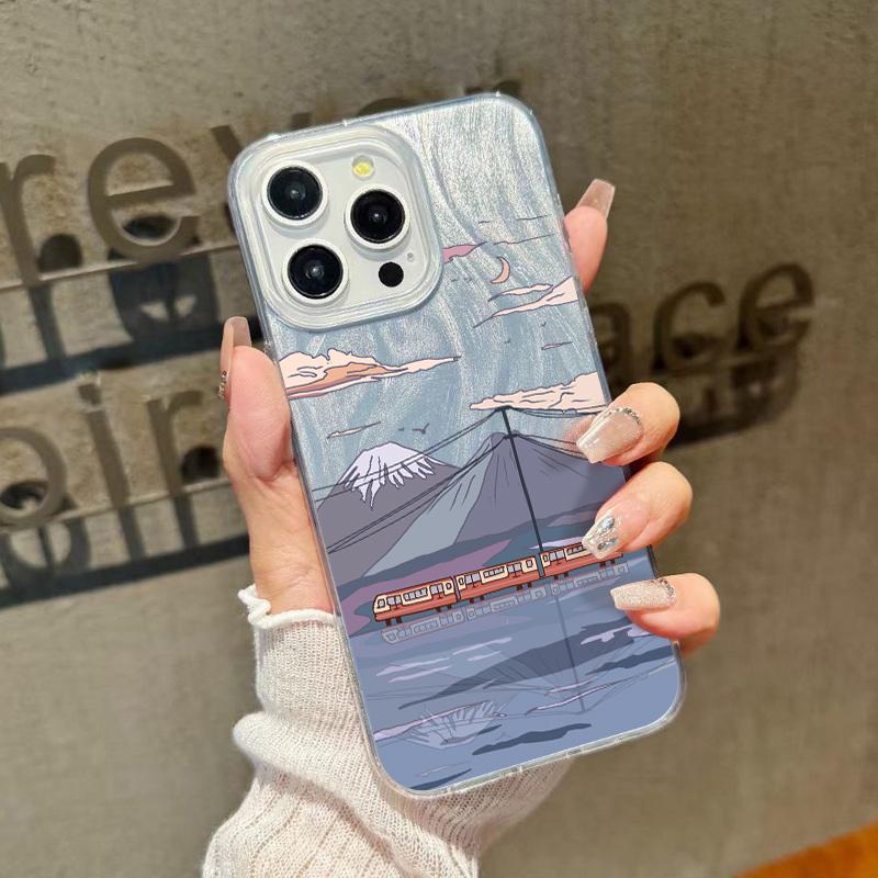 Cartoon Mountain Print Glitter Phone Case For iPhone 16 15 Pro Max 14 Pro 13 12 11 Clear Shockproof Hybrid TPU PC Glossy Slim Cover