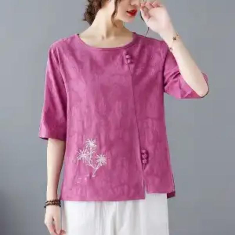 Women's Retro Linen Blend Blouse Casual Half Sleeve Round Neck Top with Floral Embroidery