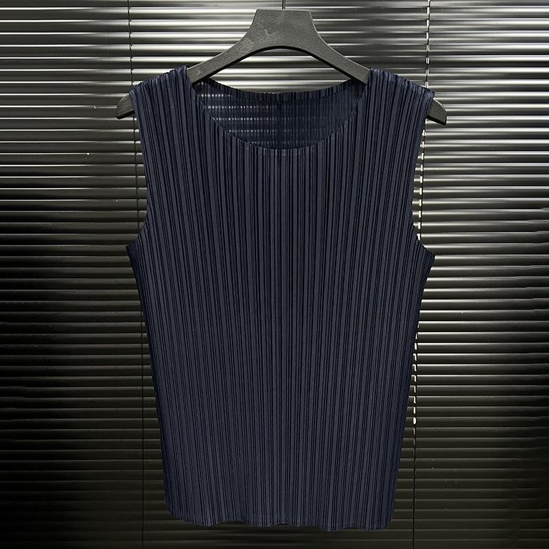 

Женский жилет без рукавов Miyake Pleats приталенного силуэта - Летний топ 2025 года однотонной расцветки с круглым вырезом One Size темно-синий