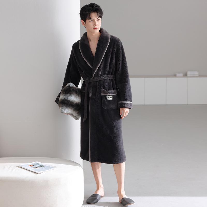 Autumn And Winter Men'S Nightgown Thermal Pajamas Fleece Thickened Flannel Long Bathrobes Coral Fleece Loungewear